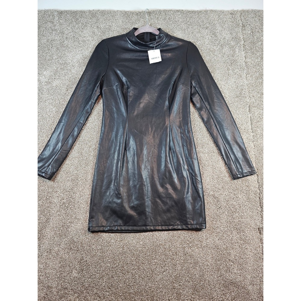 Forever 21 Women Black Faux Leather Mock Neck Long‎ Sleeve Mini Dress Medium NWT
